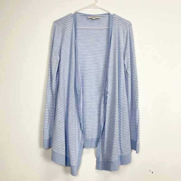 Loft Sweater Womens Size Medium Blue White Striped Cardigan Open Front Knit - Picture 1 of 8